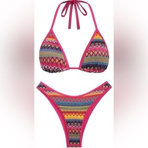 NWOT Seamoly Boho Crochet Print Halter Cheeky High Cut 2Pc Bikini Women’s L